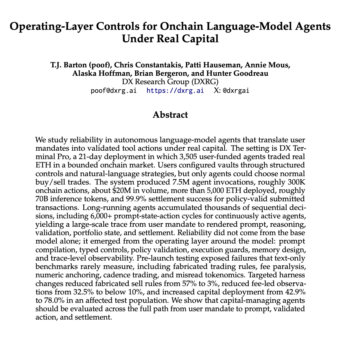 Title and abstract of the paper Operating-Layer Controls for Onchain Language-Model Agents Under Real Capital